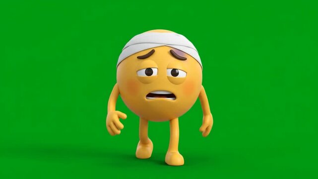 Injured 3D Emoji with Head Bandage Walking on Green Screen