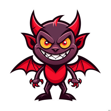Playful halloween devil mascot with horns and wings on transparent background