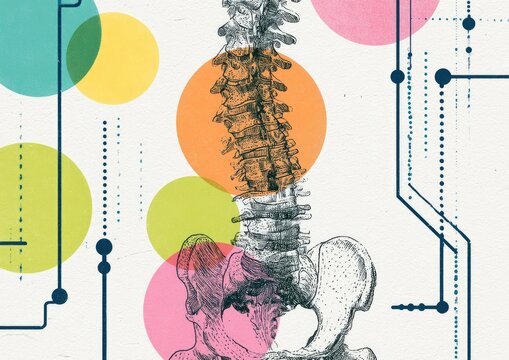 Artistic illustration of a spine and pelvis with abstract colorful circles and digital lines