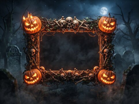 Eerie Halloween frame featuring carved jack o lanterns and human skulls in misty graveyard.