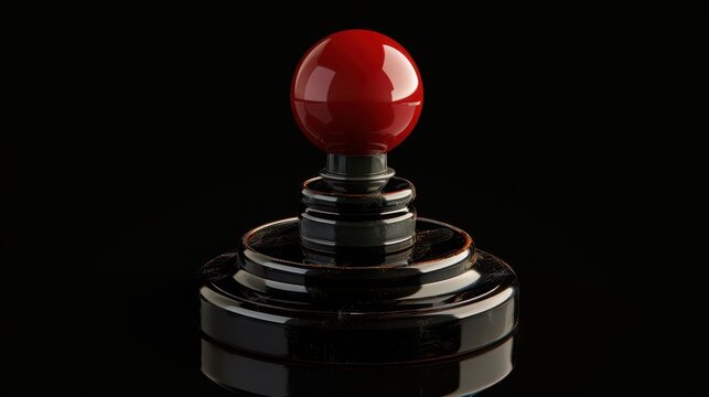 Retro arcade joystick controller with a red ball top isolated on a black background