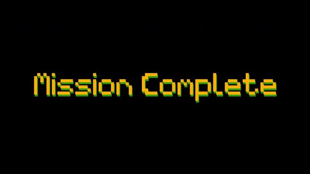 Retro 8-bit game screen with mission complete animation