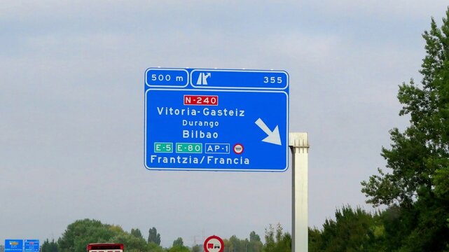 A road sign on the A-1 motorway in Spain, indicating exit 355 towards Vitoria-Gasteiz, Bilbao and Francia. August 22, 2026
