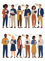 Obraz premium Diverse Business Team Illustration Representing Inclusion and Global Communication with Technology and Collaboration Icons