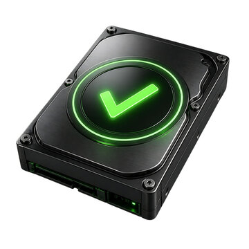 A metallic hard drive with a glowing green checkmark on a black background harddrive hdd storage data digital technology computer server electronics gray glow illuminated