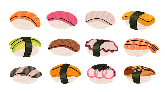 Sushi nigiri set with salmon, tuna, octopus, shrimp, unagi and tamago for Japanese food design. Flat cartoon hand drawn vector illustration.