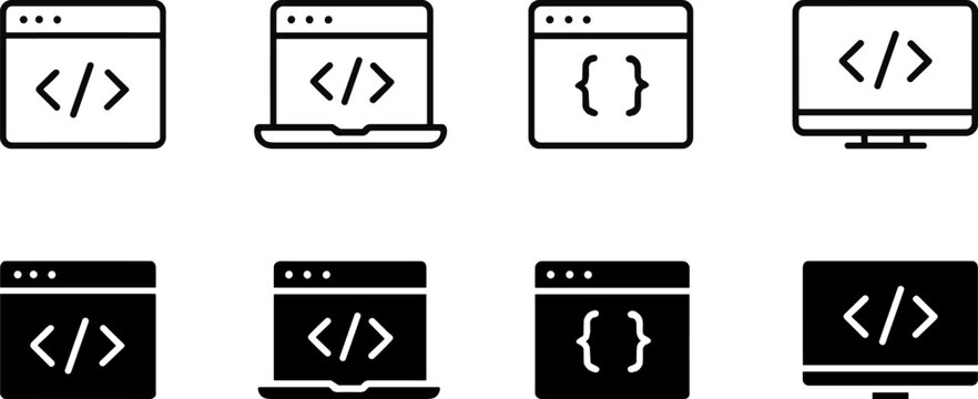 Coding and Programming Icon Set with Code Brackets Laptop and Monitor Symbols