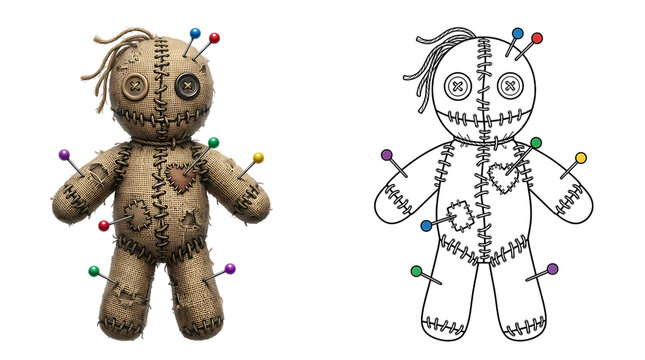 Voodoo doll with colorful pins and its line art illustration isolated on transparent background, helloween, helloween 2026, helloween png, helloween element