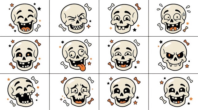 Set of cute cartoon skull character expressions isolated on transparent background, helloween, helloween 2026, helloween png, helloween element