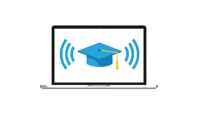 Online education concept represented by a laptop computer screen displaying a graduation cap and wifi signals.