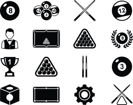 Billiards and pool game black icon set featuring cue sticks balls triangles tables tournament trophy and player symbols vector