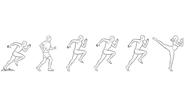 Minimalist outline sequence showing the motion progression of a runner from start block to full athletic sprint.