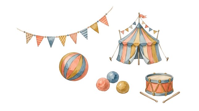 A collection of circus elements, including a tent, colorful flags, a large striped ball, small decorative balls, and a drum with drumsticks. All items appear to be watercolor illustrations.