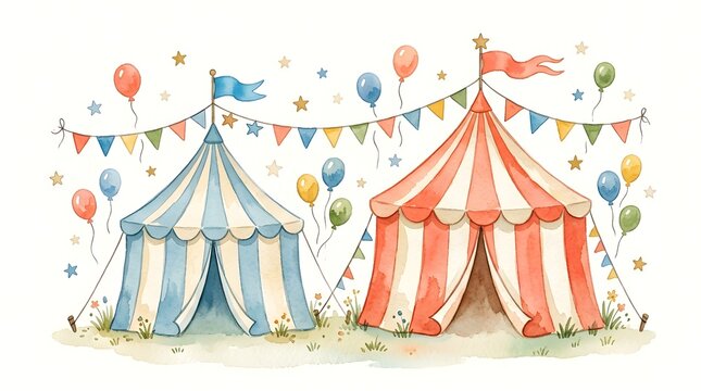 Two colorful circus tents stand side by side, adorned with festive flags, balloons, and stars, creating a whimsical atmosphere of fun and celebration.