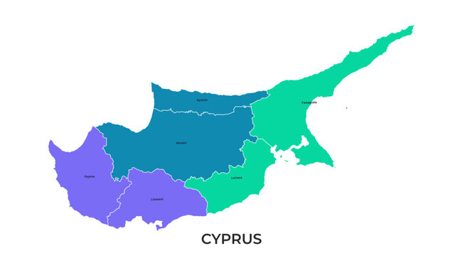 Cyprus political map with administrative districts and names in different colors