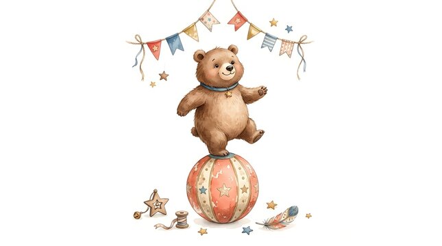 A cute watercolor illustration of a bear balancing on a ball, with festive bunting overhead