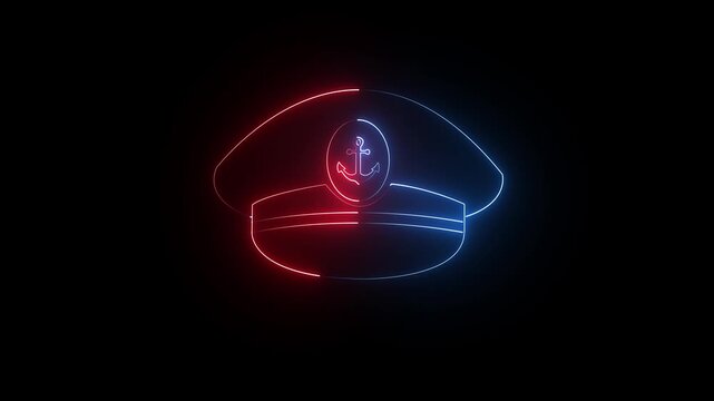 Glowing blue and red neon Captain cap icon isolated video on black background. maritime accessory, Uniform Cap Symbols, Nautical Headwear and nautical theme element. 