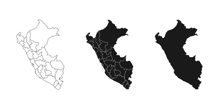 Peru map vector illustration, outline, black and white, divided by regions, simple flat style, political geography