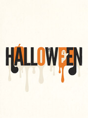 Halloween typography poster, spooky dripping text with ghost and pumpkin, orange and black holiday greeting card design © Amzad
