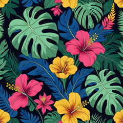 Exotic tropical seamless pattern with monstera leaves and colorful flowers © Heru Wahyudi