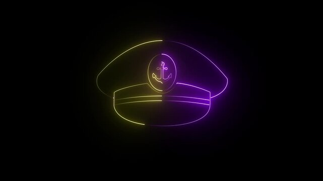 Glowing yellow and purple color neon Captain cap icon isolated video on black background. maritime accessory, Uniform Cap Symbols, Nautical Headwear and nautical theme element. 