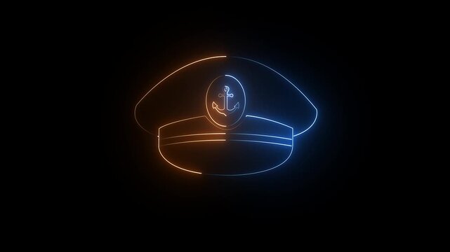 Glowing blue and orange neon Captain cap icon isolated 4k video on black background. maritime accessory, Uniform Cap Symbols, Nautical Headwear and nautical theme element. 