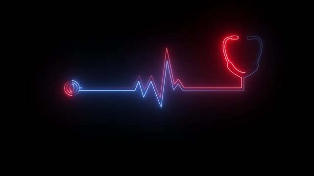 Blue and red color neon stethoscope heartbeat icon isolated on black background. Suitable for medical healthcare monitoring concept. 4k animation video ,,,,