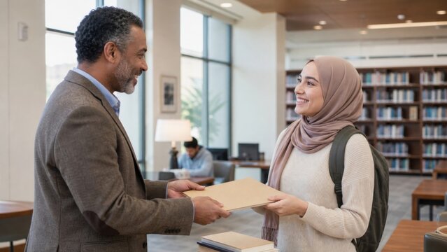 Man handing a folder to smiling woman wearing hijab in library. Student enrollment, academic advising, document submission and higher education support concept.