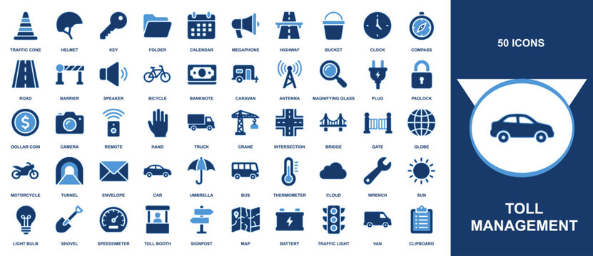 Transportation and toll management icon set featuring vehicle symbols for logistics and urban traffic systems