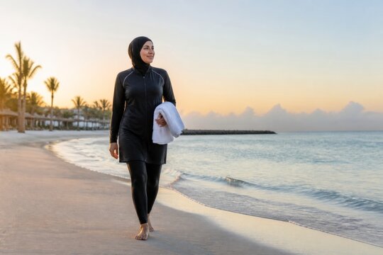 Muslim woman walking barefoot along a tropical beach at sunset wearing modest swimwear and carrying a towel. Wellness, travel and seaside vacation concept with copy space.