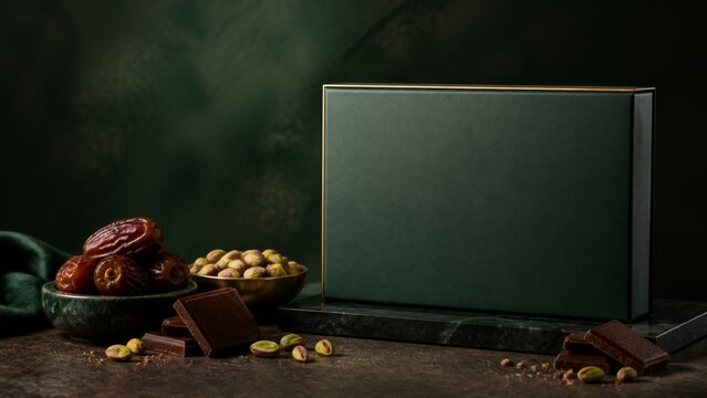 Dark chocolate, dates, and pistachios arranged beside a blank luxury product display board. Elegant dessert still life with copy space for confectionery advertising and packaging design.