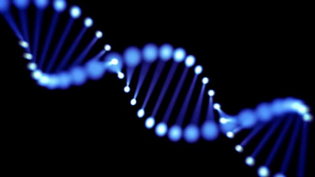 Digital blue DNA double helix strand with glowing light nodes rotating in a microscopic scientific space glowing dots biology graphic medical science genetics biology