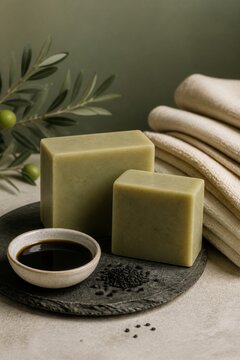 Natural olive soap bars with coffee scrub and olive branch beside folded towels. Handmade skincare, sustainable self care and spa wellness still life with copy space.