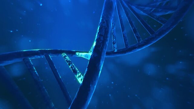 Animated blue DNA double helix strand rotating in microscopic space medical science molecular biology genetic research molecule genetics medical science molecular biology genetic