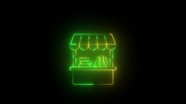 glowing green and yellow neon Bookstore and Book Stall icon isolated on black background. Literature Stand symbols. 4k ,,,,