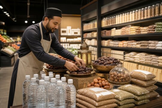 Muslim man arranging dates at a traditional grocery market with lantern and packaged food, Ramadan shopping and cultural retail concept