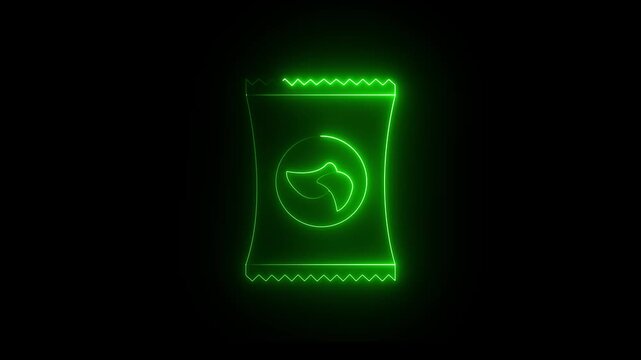 neon Potato chips snack bag icon on black background. perfect for food packaging design. 4k video,,,,,