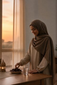 Muslim woman in hijab serving dates and water at home during sunset. Ramadan fasting, prayer, hospitality, and spiritual reflection concept with warm evening light and copy space.