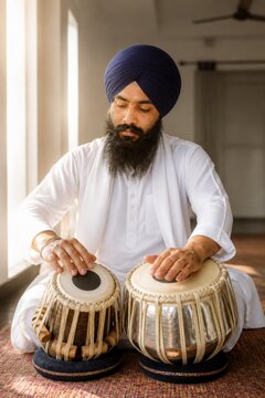 Sikh man playing tabla drums at home. Indian classical music performance and cultural tradition. Focused musician practicing rhythm, heritage, spirituality, and artistic expression.