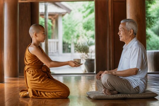 Buddhist monk serving tea to an elderly man at home. Intergenerational kindness, respect, spirituality, meditation, and peaceful cultural hospitality concept.