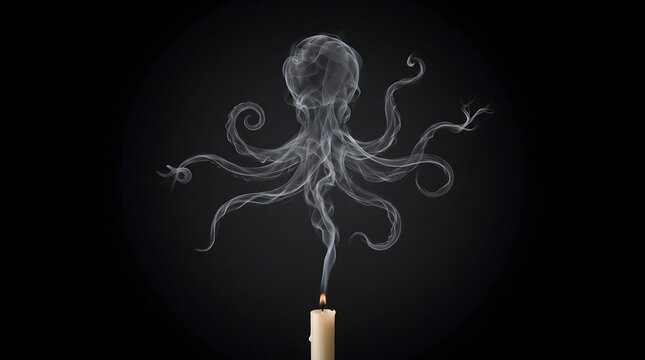 Smoking octopus ink creature rising from candle flame. Glowing bioluminescent deep sea monster illustration. Dark fantasy horror concept art