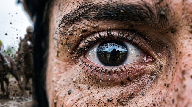 Macro close-up shot of a male jockey's eye with mud splashes on the surrounding skin and eyelashes during the traditional Pacu Jawi mud race in West Sumatra.