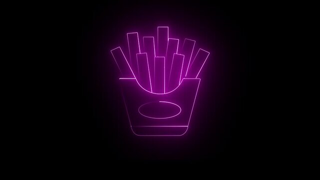French fries icon video on black background, pink neon representing fast food and delicious snacks. 4k video ,,,,