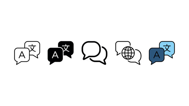 Set of diverse language translation and speech bubble flat line icons for web and mobile design