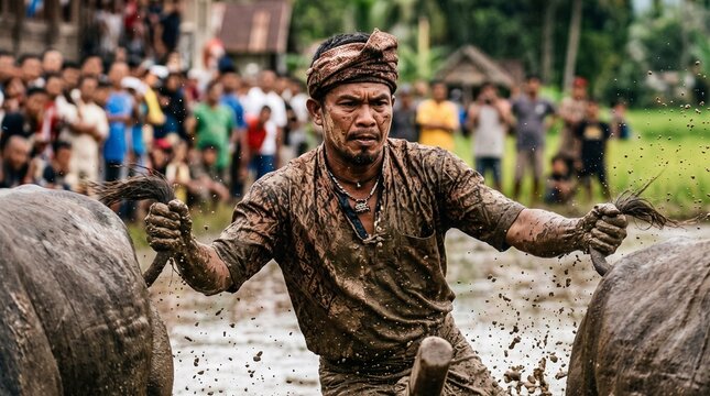 Portrait-style action shot focusing on a jockey wearing traditional headband, completely covered in mud while steering his buffaloes in Pacu Jawi race.