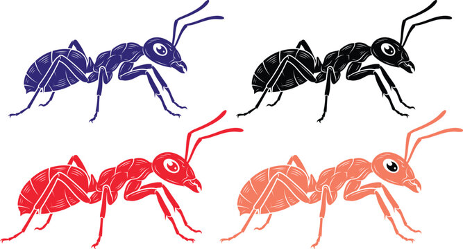 Cartoon ant character silhouette set vector illustration featuring colorful worker ants in blue black red and orange isolated on white background