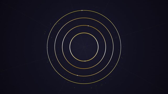 Abstract HUD Digital Interface with Glowing Dashed Concentric Circles Rotating on Black Background