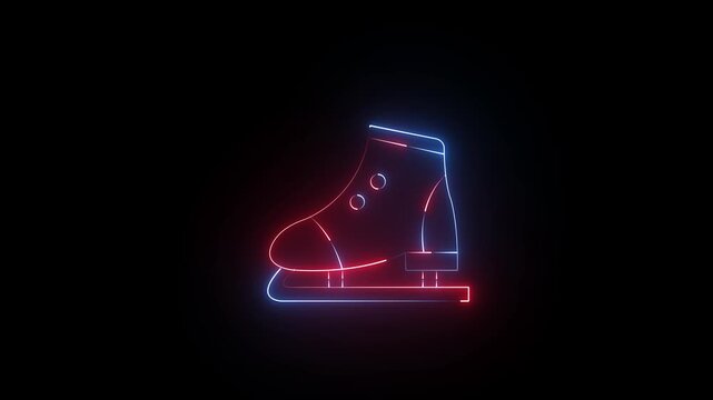 Neon Ice skating shoe icon on black background. Ice Skate Equipment concepts for Winter Sports and Performance. 4k video