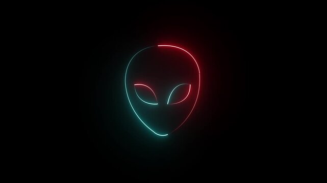 Glowing red and cyan color neon Alien head icon on black background. Martian head icon animation. Extraterrestrial alien face or head icon symbol . animation video ,,,,