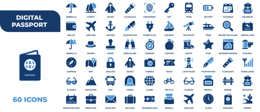Comprehensive collection of travel and tourism related vector icons set in blue shades for design projects